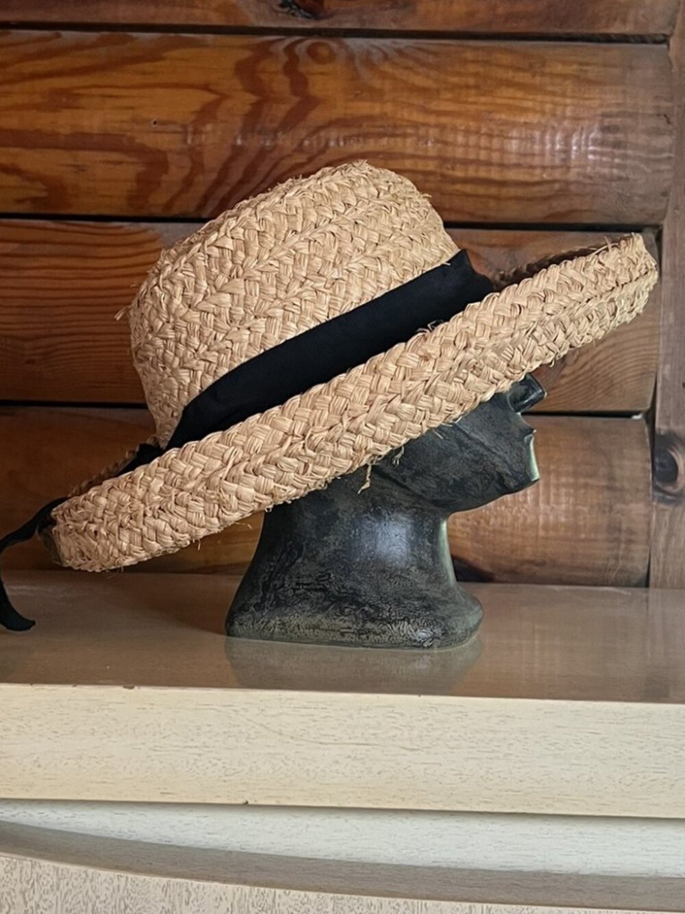 Vintage August Accessories Natural Straw Sun Hat with Black Grosgrain Sash & Bow